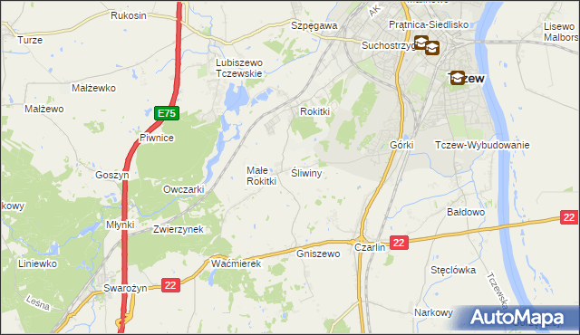 mapa Śliwiny gmina Tczew, Śliwiny gmina Tczew na mapie Targeo