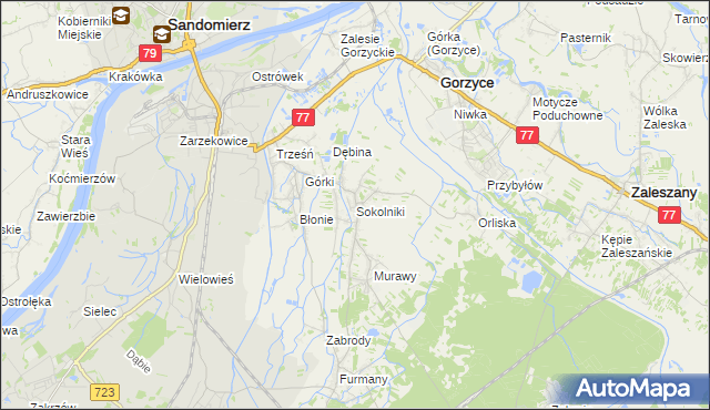 mapa Sokolniki gmina Gorzyce, Sokolniki gmina Gorzyce na mapie Targeo