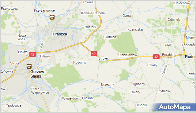 mapa Strojec gmina Praszka, Strojec gmina Praszka na mapie Targeo