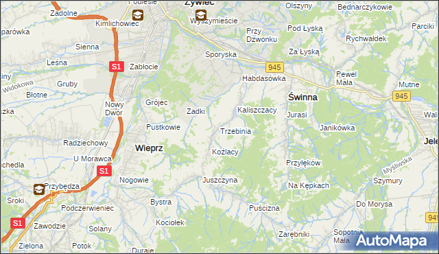 mapa Trzebinia gmina Świnna, Trzebinia gmina Świnna na mapie Targeo