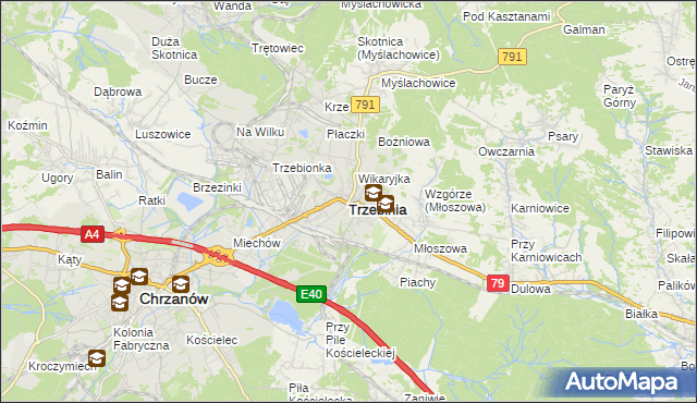 mapa Trzebinia powiat chrzanowski, Trzebinia powiat chrzanowski na mapie Targeo