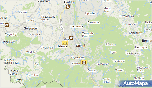 mapa Ustroń powiat cieszyński, Ustroń powiat cieszyński na mapie Targeo