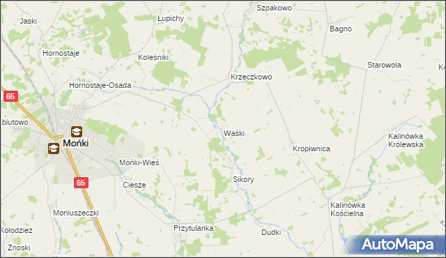 mapa Waśki gmina Mońki, Waśki gmina Mońki na mapie Targeo