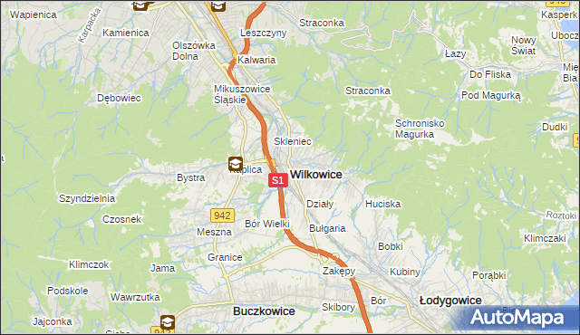 mapa Wilkowice powiat bielski, Wilkowice powiat bielski na mapie Targeo