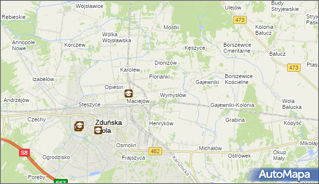 mapa Wymysłów gmina Zduńska Wola, Wymysłów gmina Zduńska Wola na mapie Targeo