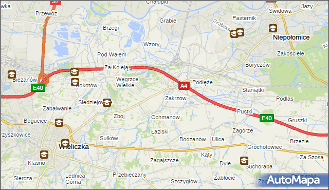 mapa Zakrzów gmina Niepołomice, Zakrzów gmina Niepołomice na mapie Targeo