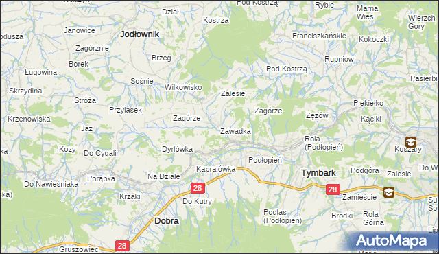 mapa Zawadka gmina Tymbark, Zawadka gmina Tymbark na mapie Targeo