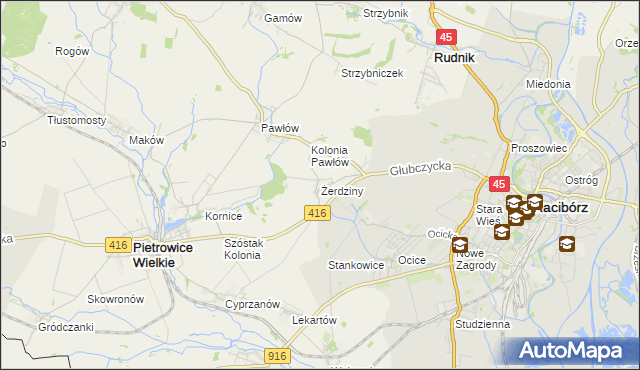 mapa Żerdziny gmina Pietrowice Wielkie, Żerdziny gmina Pietrowice Wielkie na mapie Targeo