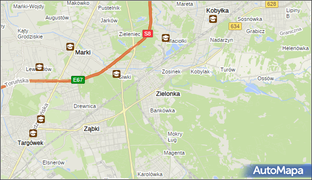 mapa Zielonka powiat wołomiński, Zielonka powiat wołomiński na mapie Targeo