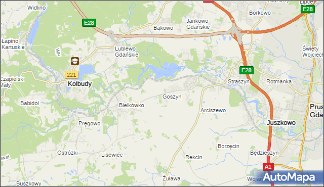 mapa Goszyn gmina Pruszcz Gdański, Goszyn gmina Pruszcz Gdański na mapie Targeo