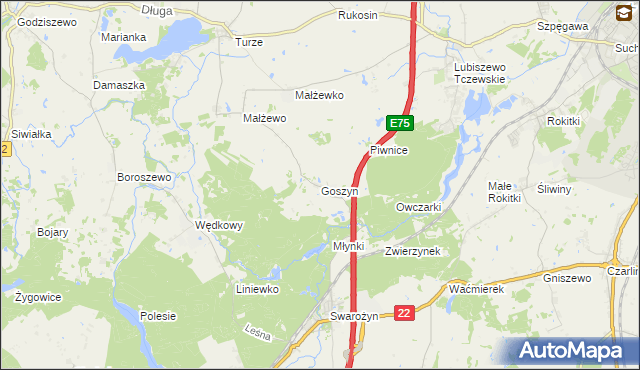 mapa Goszyn gmina Tczew, Goszyn gmina Tczew na mapie Targeo