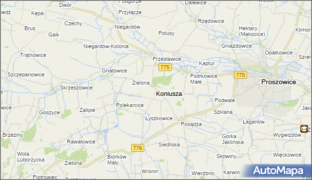 mapa Koniusza powiat proszowicki, Koniusza powiat proszowicki na mapie Targeo