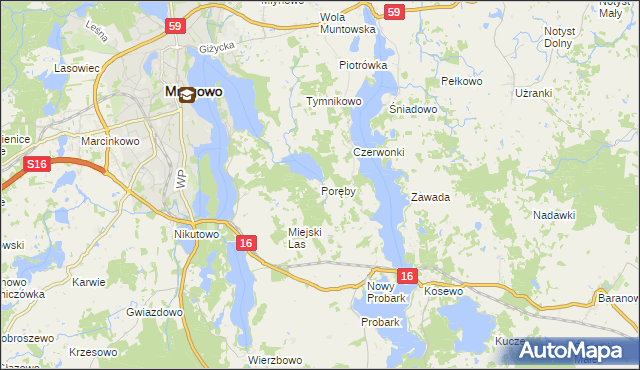 mapa Poręby gmina Mrągowo, Poręby gmina Mrągowo na mapie Targeo