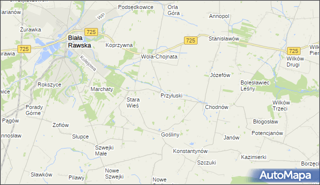 mapa Przyłuski gmina Biała Rawska, Przyłuski gmina Biała Rawska na mapie Targeo