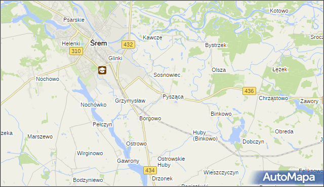 mapa Pysząca gmina Śrem, Pysząca gmina Śrem na mapie Targeo