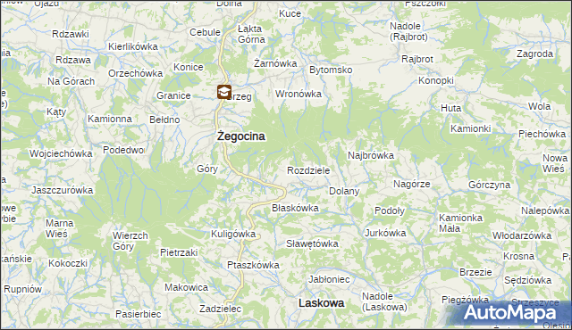 mapa Rozdziele gmina Żegocina, Rozdziele gmina Żegocina na mapie Targeo