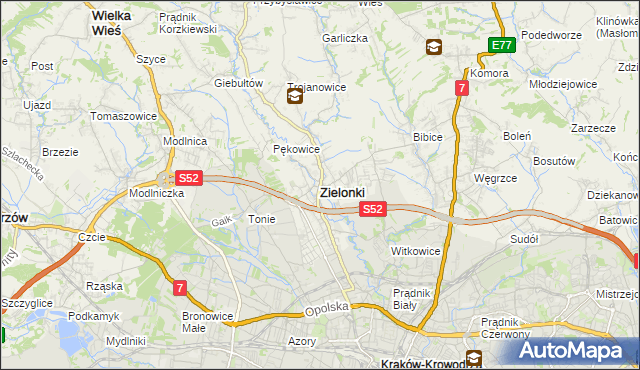 mapa Zielonki powiat krakowski, Zielonki powiat krakowski na mapie Targeo