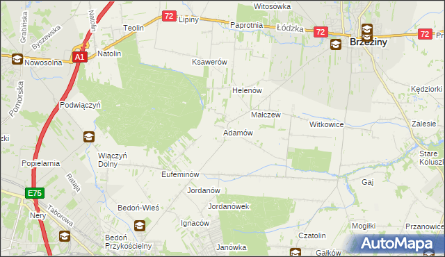 mapa Adamów gmina Brzeziny, Adamów gmina Brzeziny na mapie Targeo