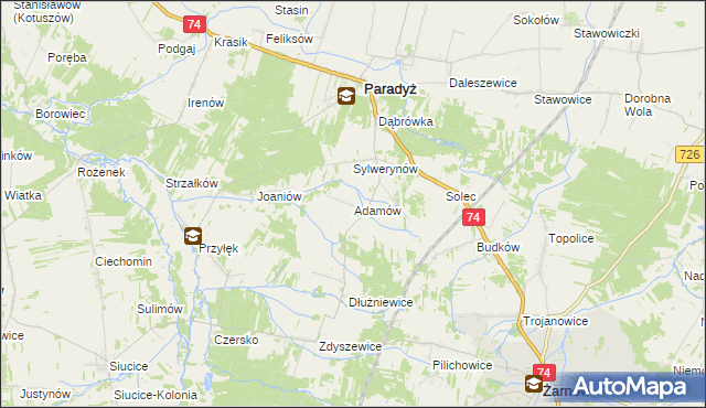 mapa Adamów gmina Paradyż, Adamów gmina Paradyż na mapie Targeo