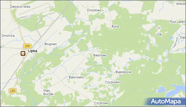 mapa Batorowo gmina Lipka, Batorowo gmina Lipka na mapie Targeo