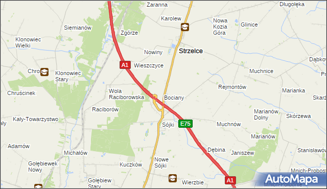 mapa Bociany gmina Strzelce, Bociany gmina Strzelce na mapie Targeo