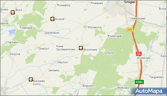 mapa Bronikowo gmina Śmigiel, Bronikowo gmina Śmigiel na mapie Targeo