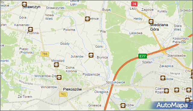 mapa Brynica gmina Piekoszów, Brynica gmina Piekoszów na mapie Targeo