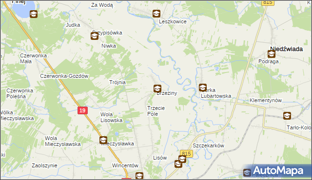 mapa Brzeziny gmina Lubartów, Brzeziny gmina Lubartów na mapie Targeo