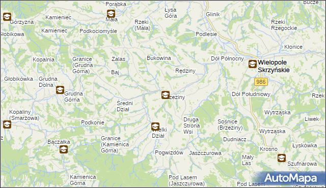 mapa Brzeziny gmina Wielopole Skrzyńskie, Brzeziny gmina Wielopole Skrzyńskie na mapie Targeo