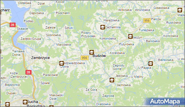 mapa Budzów powiat suski, Budzów powiat suski na mapie Targeo