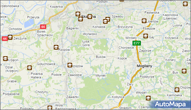 mapa Buków gmina Mogilany, Buków gmina Mogilany na mapie Targeo