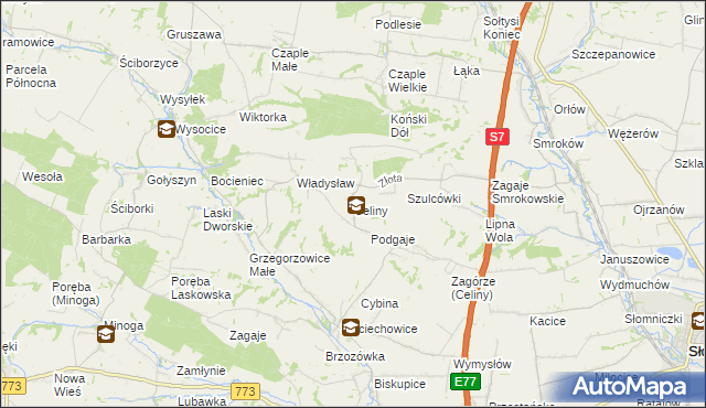 mapa Celiny gmina Iwanowice, Celiny gmina Iwanowice na mapie Targeo