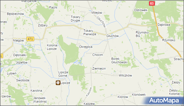 mapa Chocim gmina Kawęczyn, Chocim gmina Kawęczyn na mapie Targeo