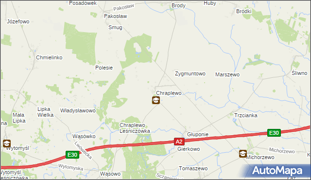 mapa Chraplewo gmina Kuślin, Chraplewo gmina Kuślin na mapie Targeo