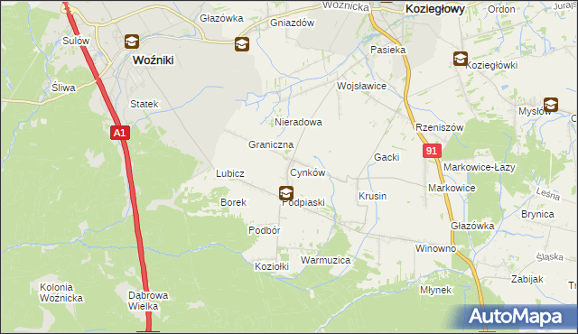 mapa Cynków gmina Koziegłowy, Cynków gmina Koziegłowy na mapie Targeo