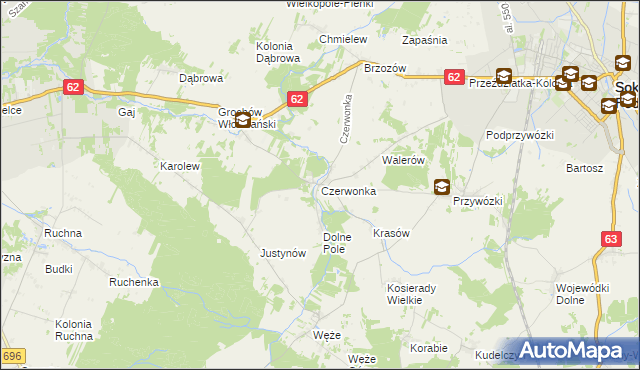 mapa Czerwonka gmina Sokołów Podlaski, Czerwonka gmina Sokołów Podlaski na mapie Targeo