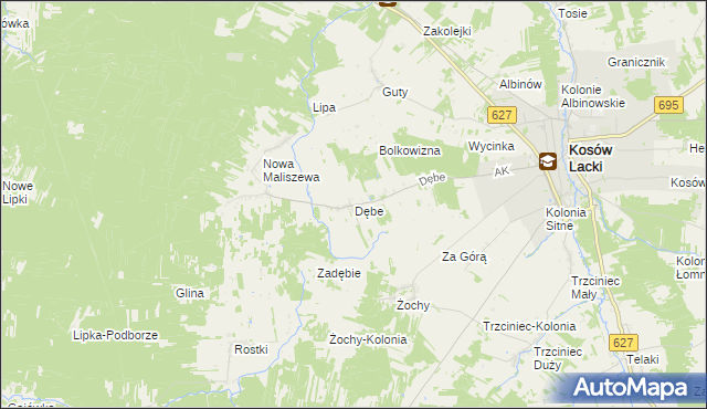 mapa Dębe gmina Kosów Lacki, Dębe gmina Kosów Lacki na mapie Targeo