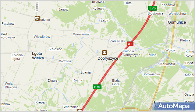 mapa Dobryszyce, Dobryszyce na mapie Targeo