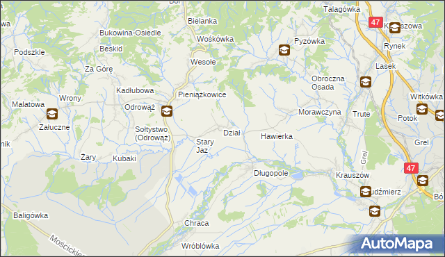 mapa Dział gmina Czarny Dunajec, Dział gmina Czarny Dunajec na mapie Targeo