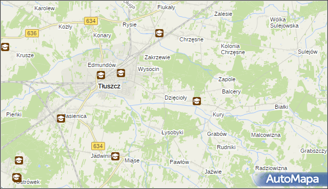 mapa Dzięcioły gmina Tłuszcz, Dzięcioły gmina Tłuszcz na mapie Targeo