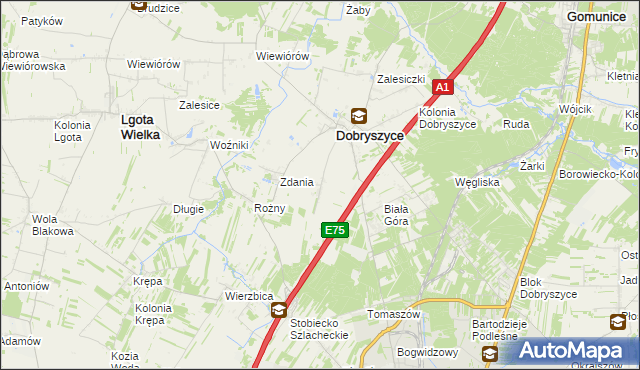mapa Galonki gmina Dobryszyce, Galonki gmina Dobryszyce na mapie Targeo