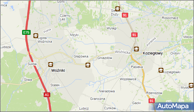 mapa Gniazdów gmina Koziegłowy, Gniazdów gmina Koziegłowy na mapie Targeo