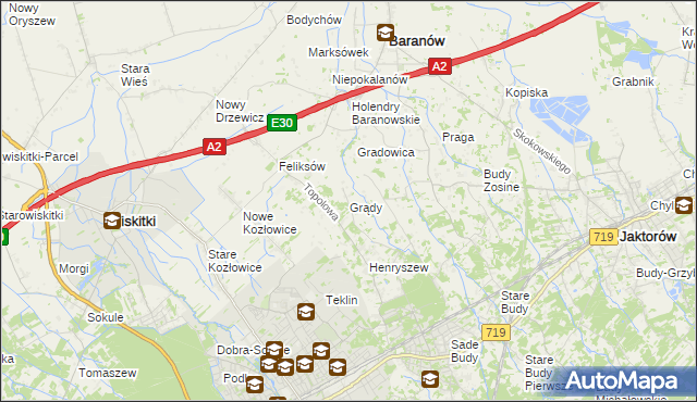 mapa Grądy gmina Jaktorów, Grądy gmina Jaktorów na mapie Targeo