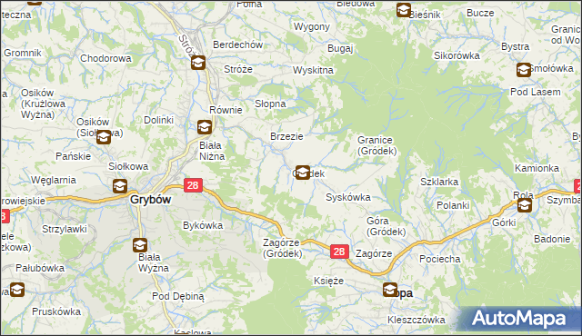 mapa Gródek gmina Grybów, Gródek gmina Grybów na mapie Targeo