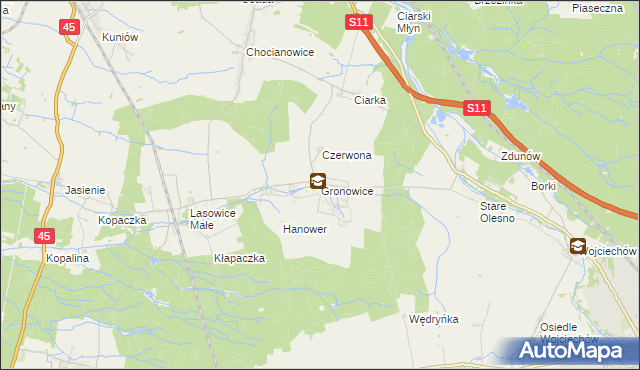 mapa Gronowice gmina Lasowice Wielkie, Gronowice gmina Lasowice Wielkie na mapie Targeo