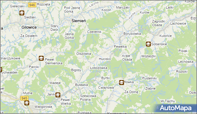 mapa Hucisko gmina Stryszawa, Hucisko gmina Stryszawa na mapie Targeo