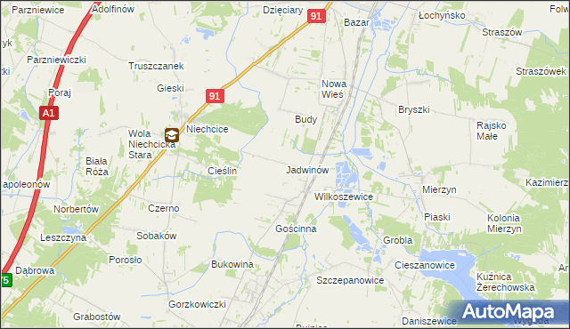 mapa Jadwinów gmina Gorzkowice, Jadwinów gmina Gorzkowice na mapie Targeo