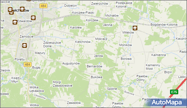 mapa Janów gmina Bełchatów, Janów gmina Bełchatów na mapie Targeo