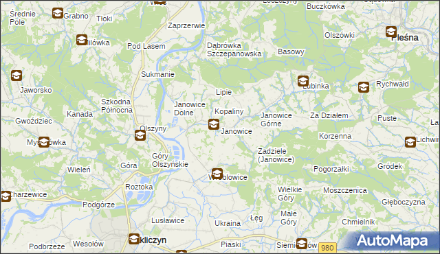 mapa Janowice gmina Pleśna, Janowice gmina Pleśna na mapie Targeo