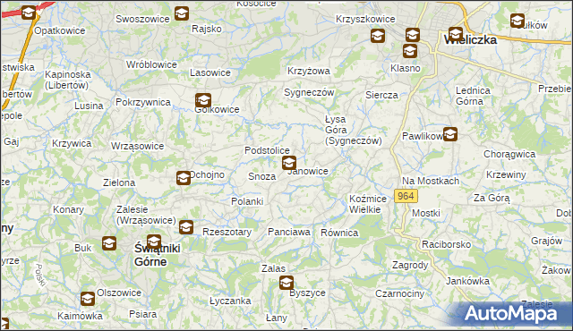 mapa Janowice gmina Wieliczka, Janowice gmina Wieliczka na mapie Targeo